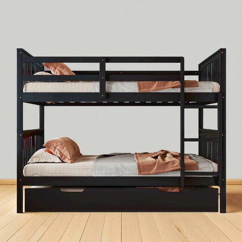 Solid Wood Full over Full Bunk Bed with Trundle, Detachable Beds with Safety Rails and Ladder, No Box Spring Needed