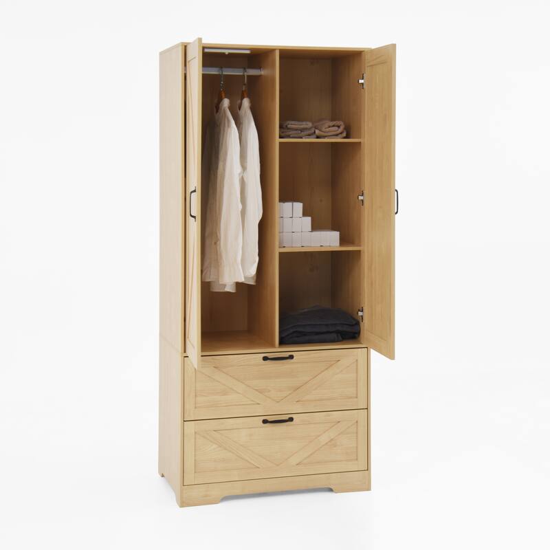 2 Door Wood Wardrobe for Bedroom with Hanging Clothing Rod inside the Cabinet and 2 Drawers for Storage Organization
