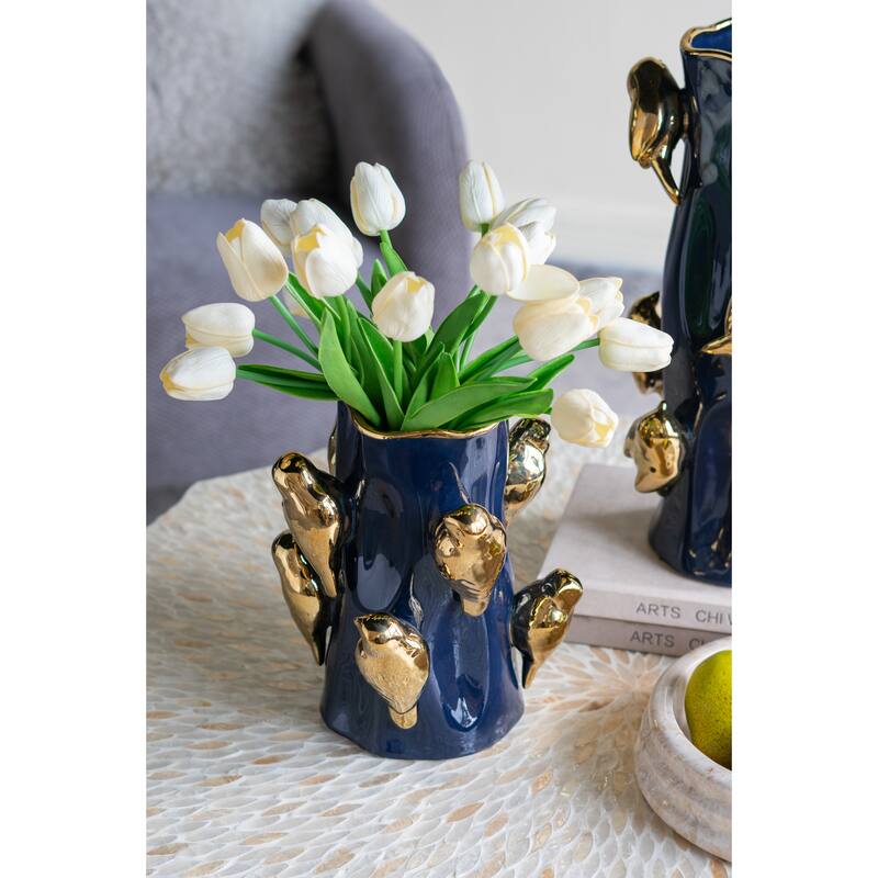 8.7x8.7x9.5" Blue Ceramic Tree Branch Vase with Gold Bird Accents - Blue+Gold