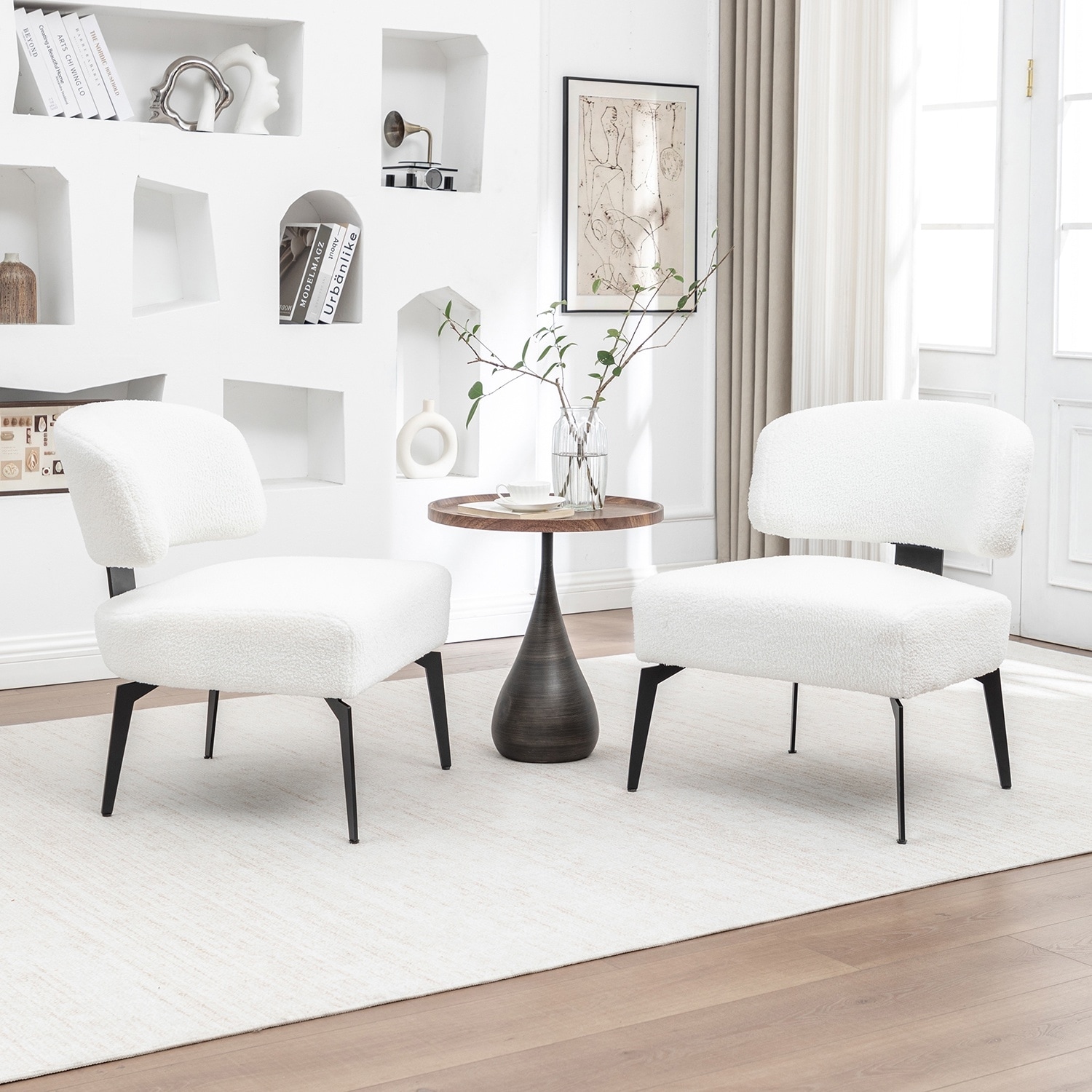 SEYNAR Modern Armless Faux Sherpa Accent Chair with Metal Legs Set of 2