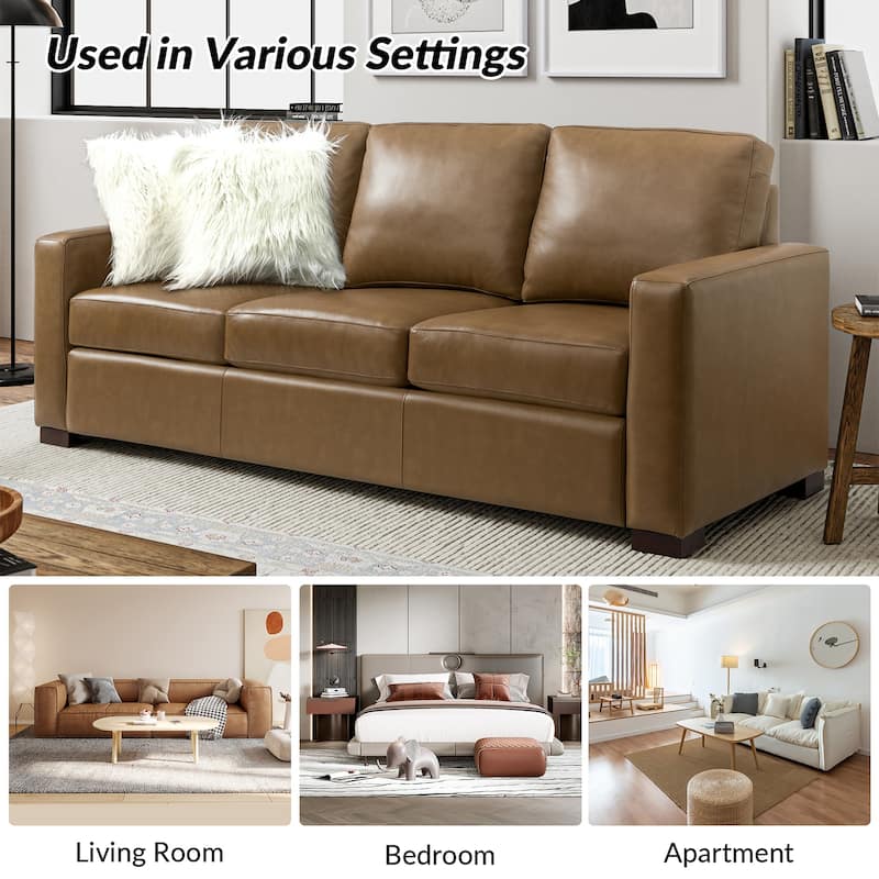 Ernando 83.46" Wide Genuine Leather Sofa with Squared Arms and Pillows