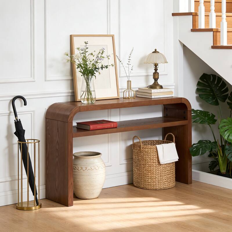 59.4" 2-Tier Curved Long Console Table with Solid Oak Wood Veneer - 59.45"L x 13.78"W x 32.87"H