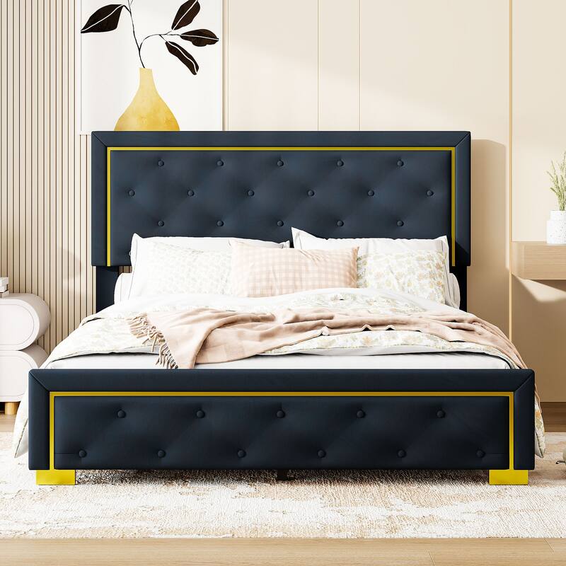 Velvet Upholstered Platform Bed With Pull Point Headboard And Metal Wire Frame