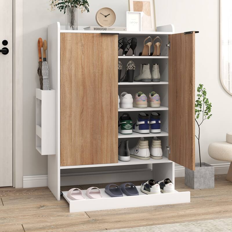 6-Tier Shoe Storage Cabinet with Slide Out Shelf and Umbrella Stand - Natural