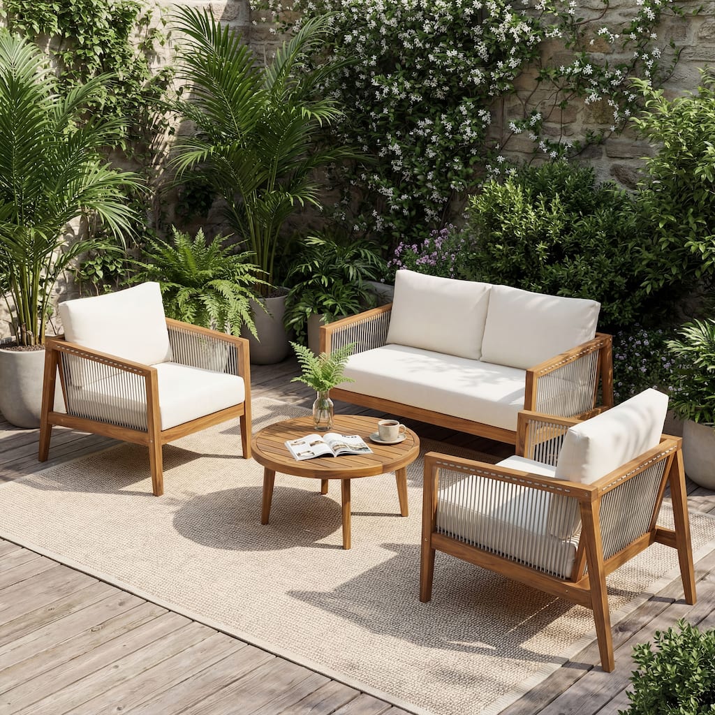 Christopher Knight Home - Outdoor Acacia Wood 4-Piece Patio Conversation Set with Rope Woven Detail and Water-Resistant Cushions