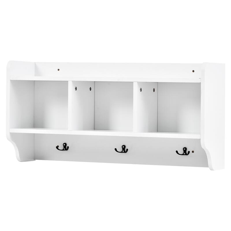 Roomfitters Modern Mudroom Hall Tree with Bench, 4-in-1 Coat Rack with 7 Black Hooks and Large Storage Compartment, White