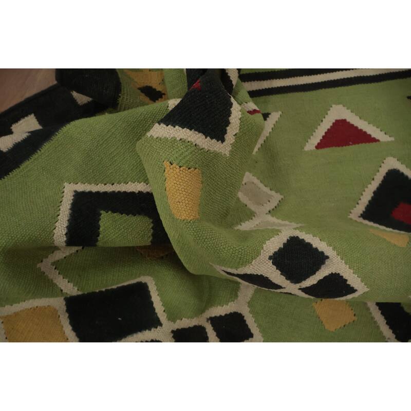 Hand Woven Oriental 100% Wool Carpet Southwestern Modern Green Kilim Area Rug - 8' 1'' X 5' 0''