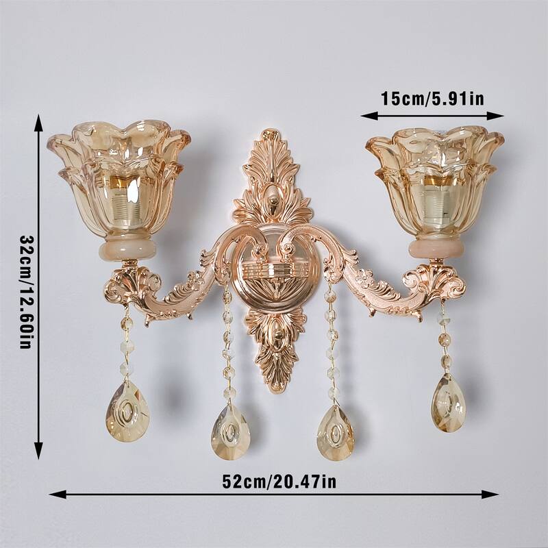 Antique Gold Crystal Wall Sconce Glass Flower Lampshade with Beveled Clear Crystals