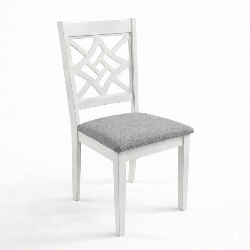 Traditional Dining Chairs, Set of 2, White Finish with Grey Polyester Upholstered Seats Solid Rubberwood