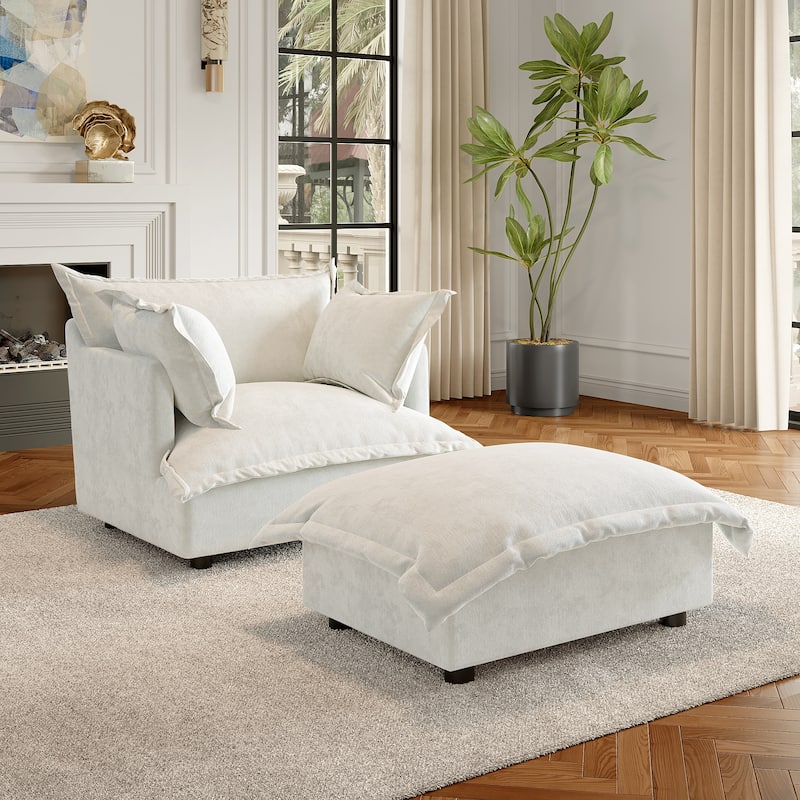 Modern Cloud Chaise Longue Accent Chair with Ottoman set - Beige - Arm Chair+Ottoman