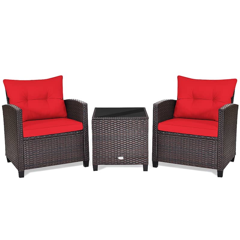 Outdoor 3-piece Cushioned Rattan Patio Furniture Conversation Set - Red