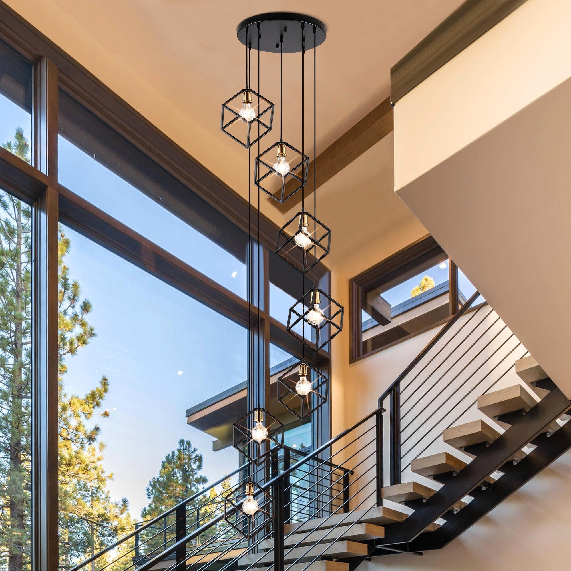 Geometric Pendant Chandelier for Stairway Staircase Adjustable Height 5 or 7 Light Cluster