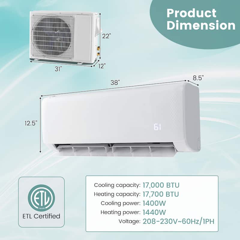 Gymax 17000 BTU Mini Split Air Conditioner 21 SEER2 AC Unit w/ Heat
