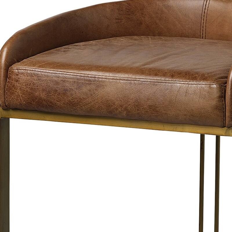 Brown Leather Gold Metal Bar Stool with Footrest, Low Back and 29 inches Seat Height - 20.5” x 19.75” x 32.75” (D x W x H)