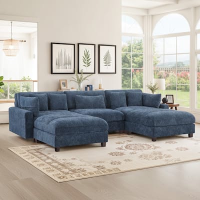 Extra-Large Modern Chenille Sofa Set (128.4 Inches With Pillow Stools) - 128.4"W X 44.1"D X 33.9"H