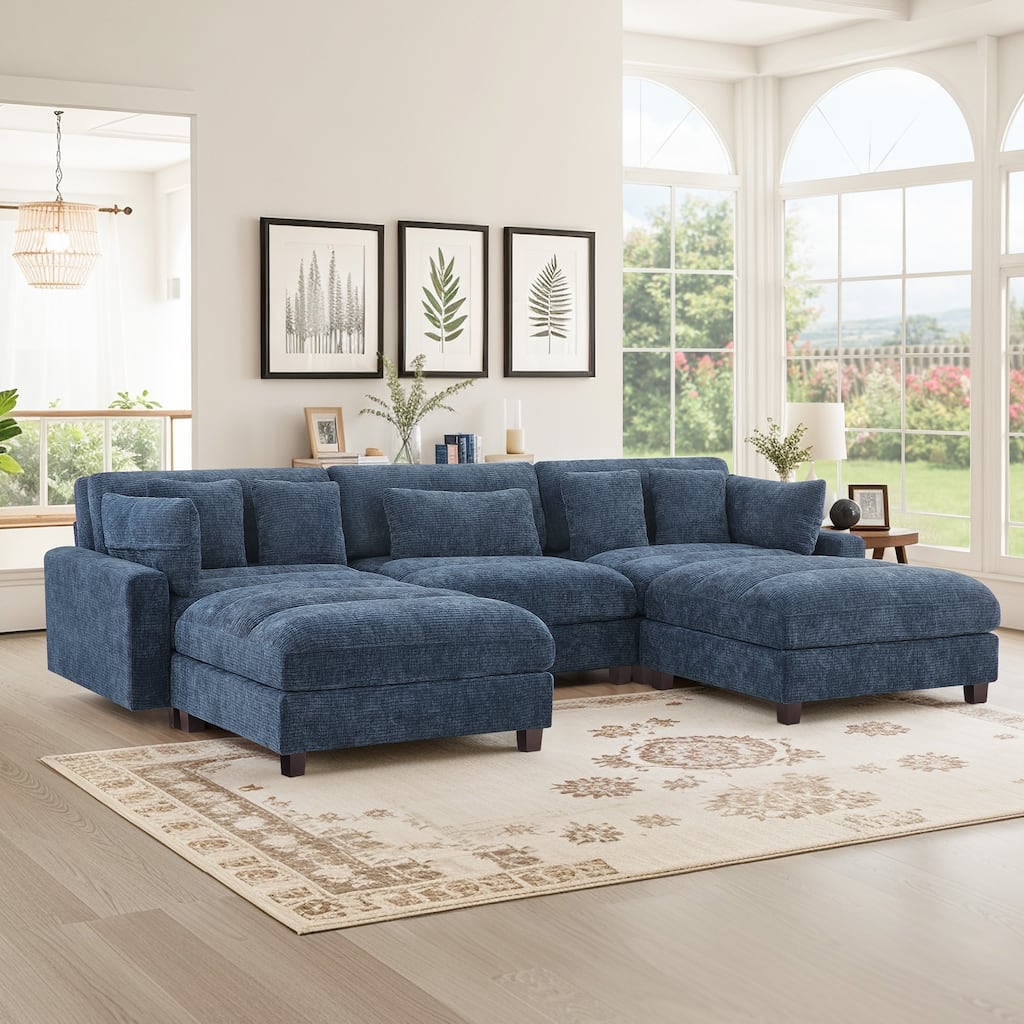 Extra-Large Modern Chenille Sofa Set (128.4 Inches With Pillow Stools) - 128.4"W X 44.1"D X 33.9"H