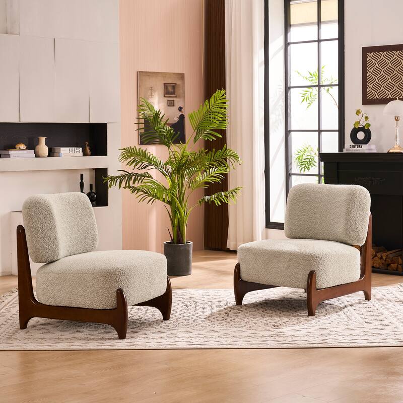 30"W Mid-Century Modern Accent Chair with Solid Wood Frame, Boucle Comfy Living Room Chair for Bedroom Lounge Reading Room
