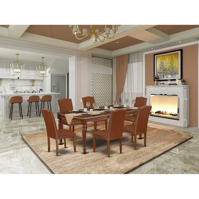 Vintage Dining Set 7Pc Rectangle Table w/ Leaf & 6 Parsons Chairs - Mahogany Legs, Brown Faux Leather