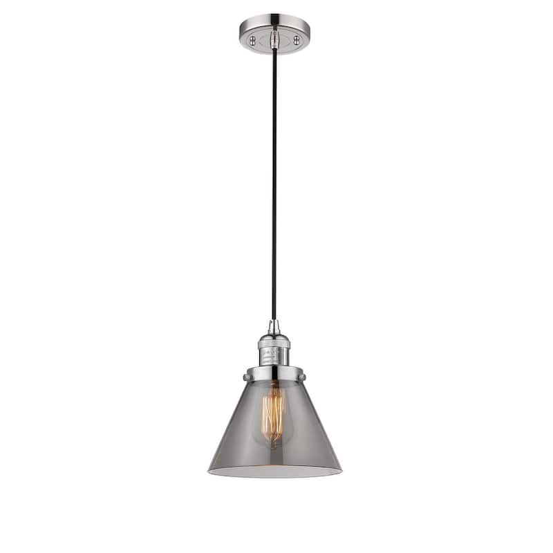 Innovations Lighting Large Cone 8" Wide Mini Pendant - Cord Suspension - Polished Nickel / Smoked