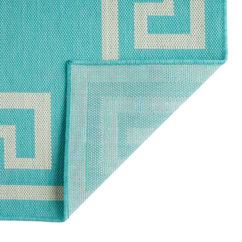 Turquoise Outdoor Area Rug with Greek Key Border, Durable Polypropylene, Ideal for Outdoor Spaces - 9'3" x 12'3"
