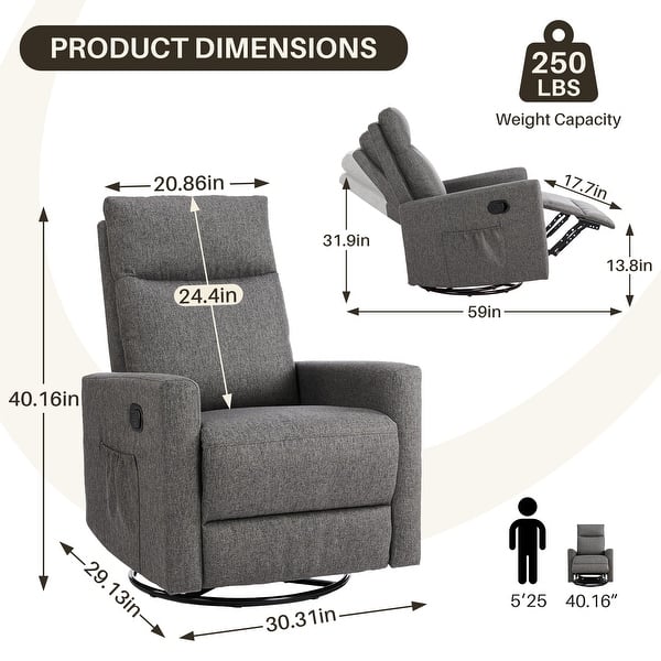 dimension image slide 1 of 3, Recliner Chair, Swivel Rocking, Glider Rocker Recliner, Nursery Chair With Footrest For Living Room