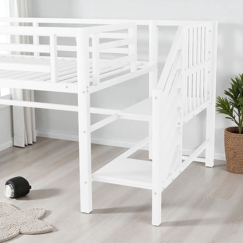 Low Twin Metal Loft Bed with Stairs and 6 Storage Cubbies, Space-Saving Kids Loft Bed Frame