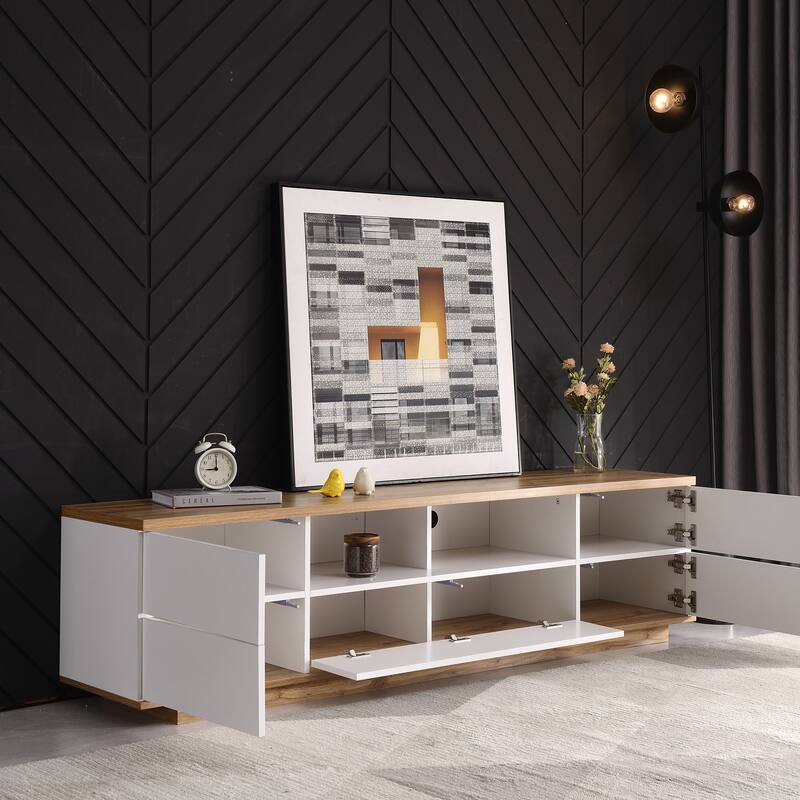 Wood TV Stand with Door Rebound Device, Entertainment Center with Storage Cabinets, Media Console Table with Open Shelves