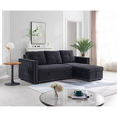 Sectional Velvet Upholstered Sofa with Pulled out Bed 2 Seats Sofa and Reversible Storage Chaise with Inlaid Copper Nail