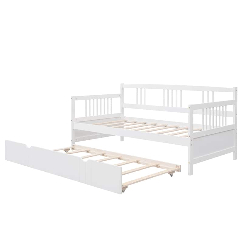Twin Size Daybed Wood Bed with Twin Size Trundle, White