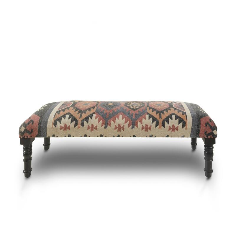 Black Wood Jute Wool Upholstered Southwest Distressed Bench Nailhead Trim - 16" D x 47" W x 18" H