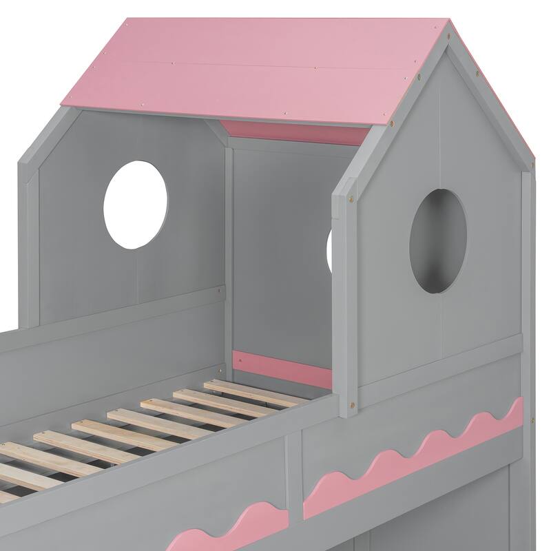 Roomfitters Twin Over Twin House Bunk Bed with Storage Staircase and LED Lighting, Castle Playhouse Sleeper System