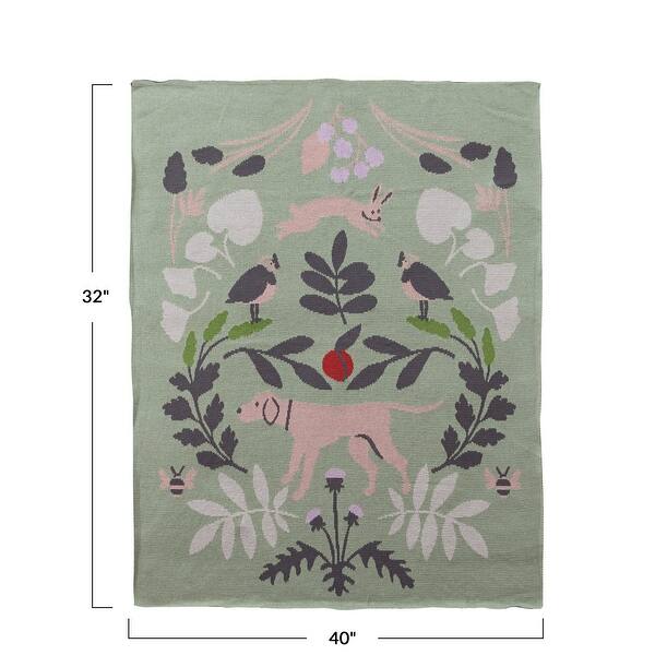 Cotton Knit Baby Blanket with Botanical and Animal Motifs - 40.0"L x 32.0"W x 0.25"H