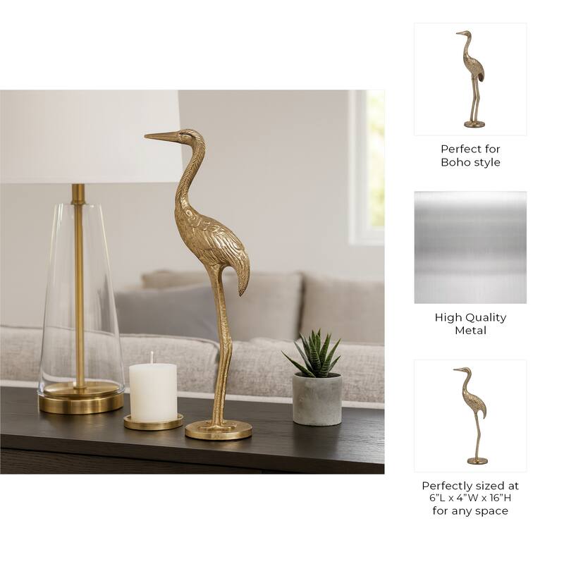 Modern Crane Metal Figurine Sculpture - 16", Gold & Metallic - 16.0"
