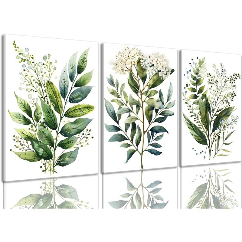 Set of 3 Framed Sage Green Painting Eucalyptus Leaf Picture - 16 x 24