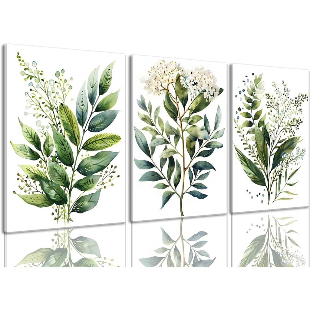 Set of 3 Framed Sage Green Painting Eucalyptus Leaf Picture
