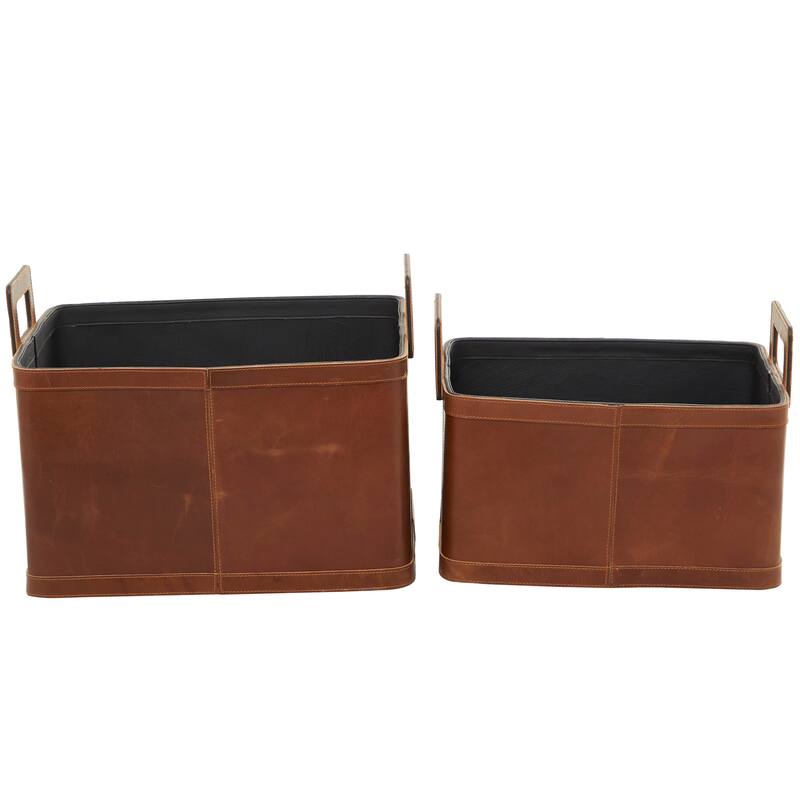 Sleek Leather Modern Storage Basket with Handles (Set of 2) - Dark Blue or Brown