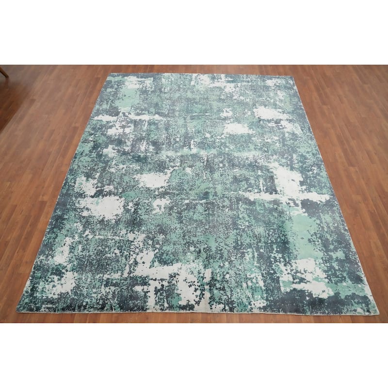 Hand Knotted Oriental Viscose Silk Carpet Modern Abstract Green Abstract Area Rug - 9' 10'' X 6' 0''