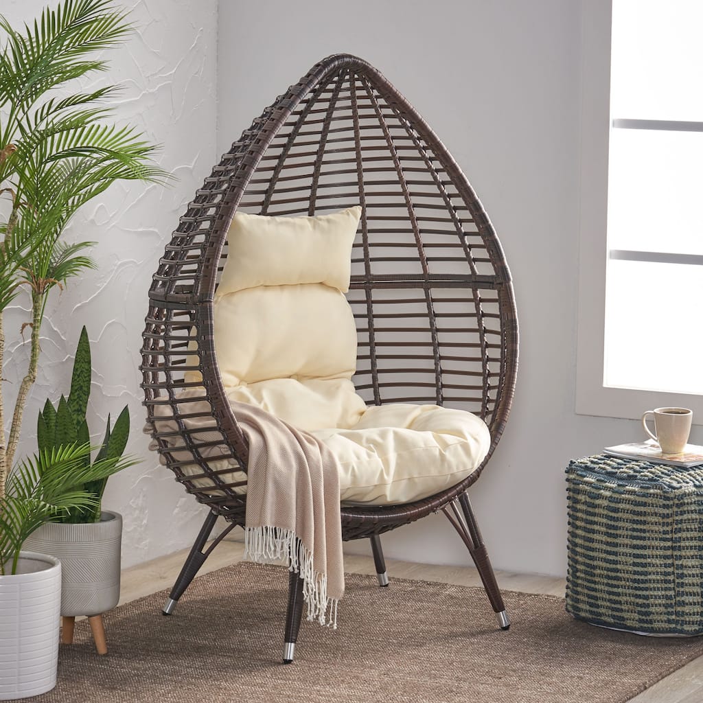 Roomfitters Outdoor Indoor Wicker Egg Chair, Teardrop Lounge Chair with Soft Cushions and Metal Legs for Patio, Brown+Beige