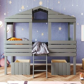 Twin Size Low Loft Wood House Bed with Two Drawers - Bed Bath & Beyond ...