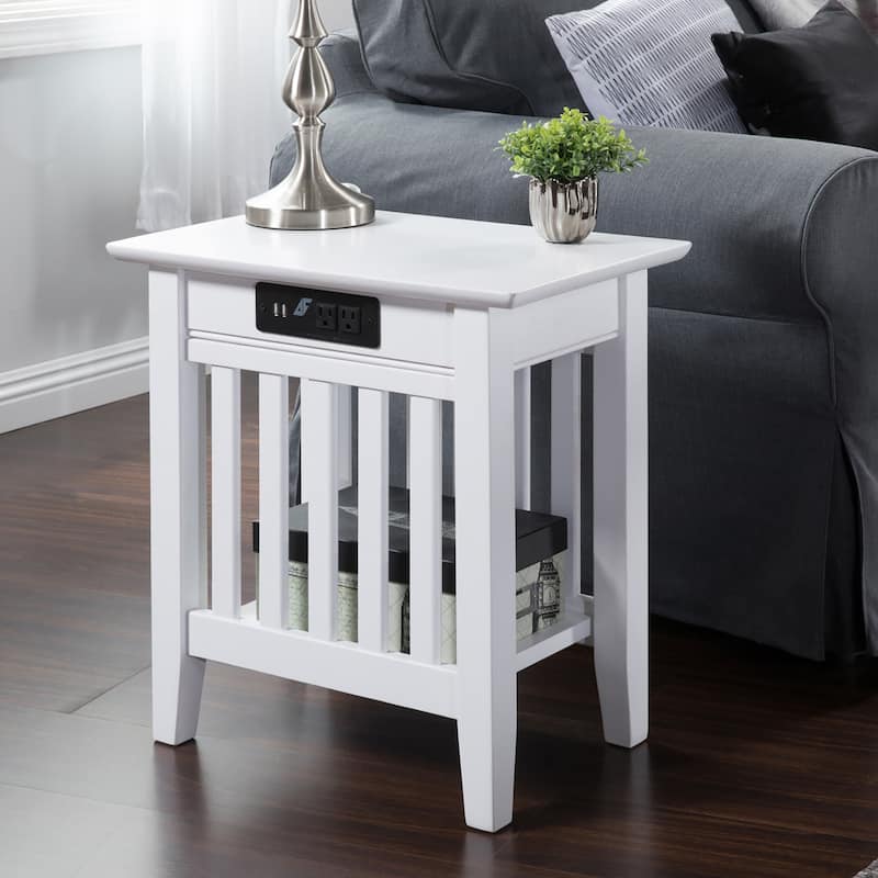 AFI Mission Chair Side Table with Charging Station - White