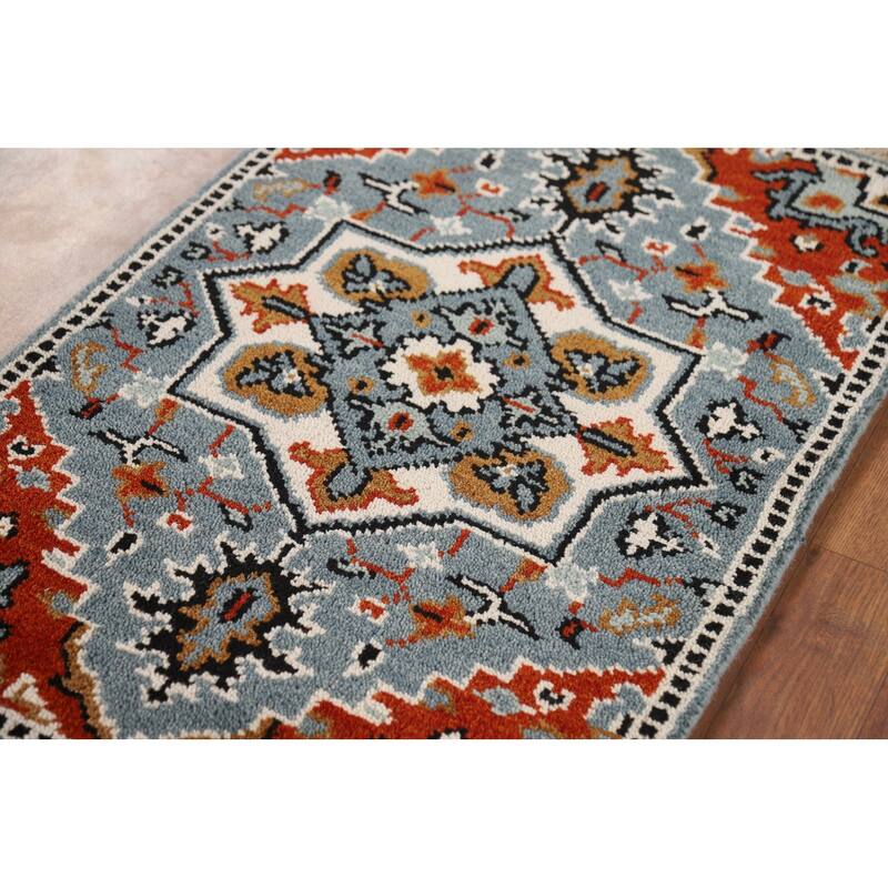 Geometric Blue Kazak Indian Foyer Rug Hand-Knotted Wool Carpet - 2'0" x 3'0"