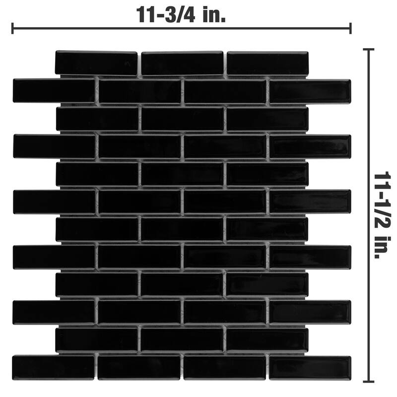 Merola Tile Metro Brick Subway Glossy Black 11-1/2" x 11-3/4" Porcelain Floor and Wall Tile
