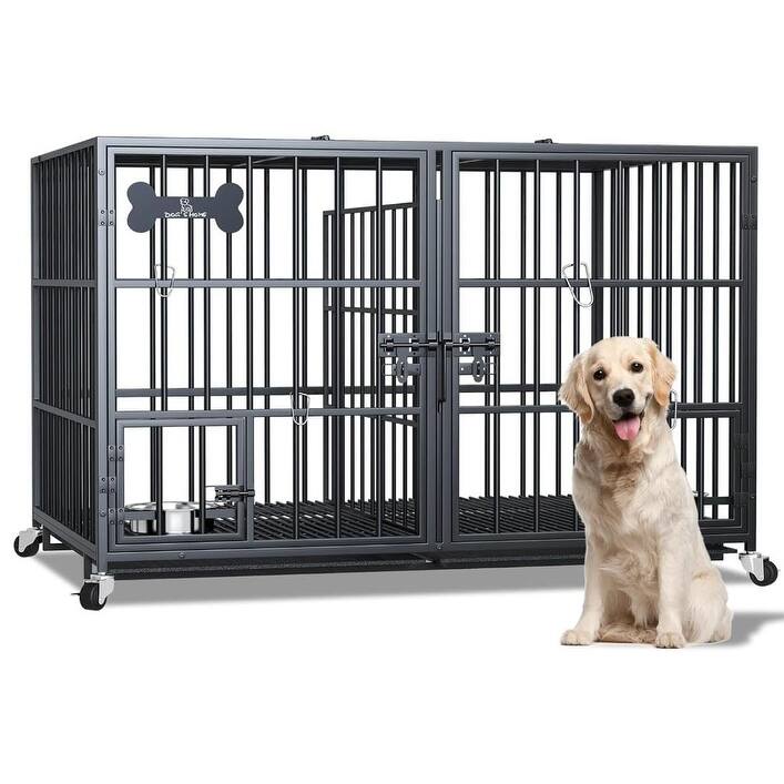 Heavy Duty Dog Crate with Wheels Escape Proof Metal Kennel Lockable Wheels Slide Out Tray