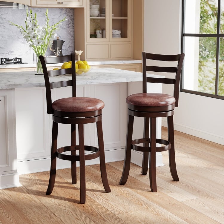 Set of 2 Cappuccino Rubber Wood MDF Swivel Bar Stools with Faux Leather and Footrest
