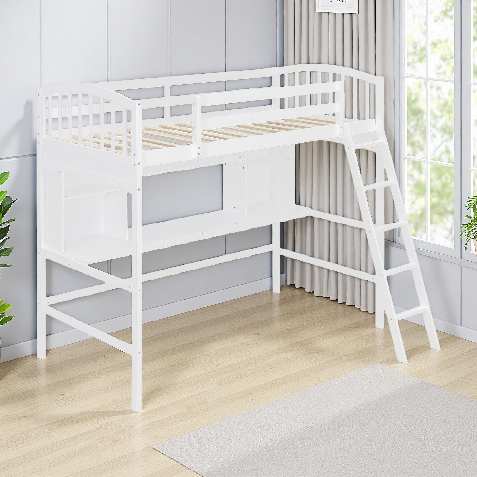 Twin Size Wood Loft Bed with Storage Shelves, Desk and Ladder