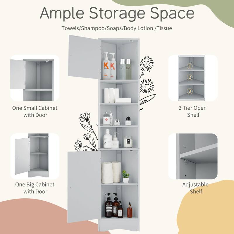 Multi-Functional Corner Cabinet Tall Bathroom Storage Cabinet with Two Doors and Adjustable Shelves, Open Shelf