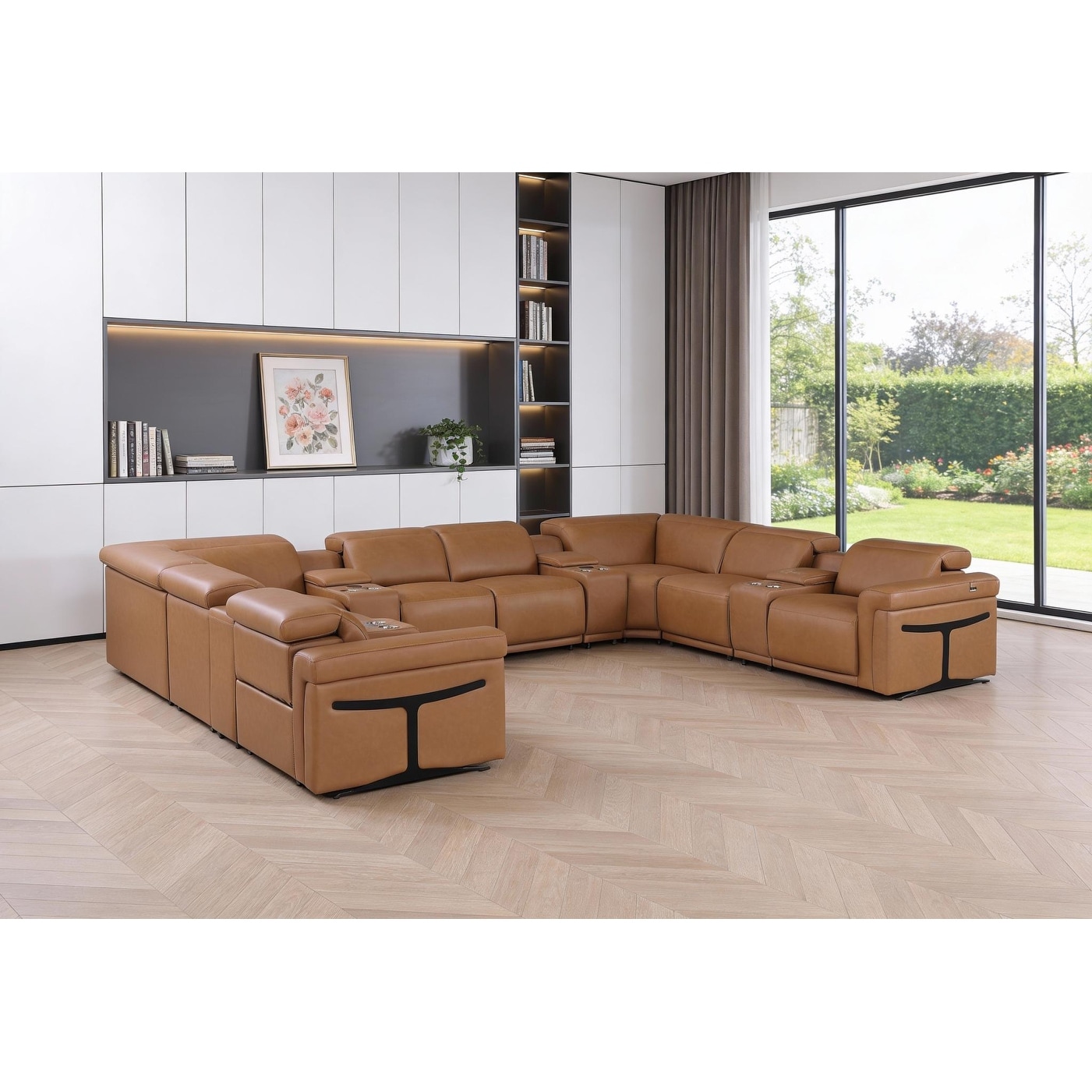 HomeRoots Chestnut Italian Leather Power Reclining U Shaped Ten Piece Corner Sectional With Console