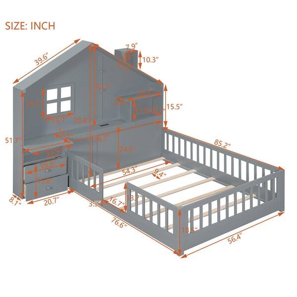 dimension image slide 1 of 2, Full Size Kids Bed House Bed with Shelves and Sockets and USB Port, Gray