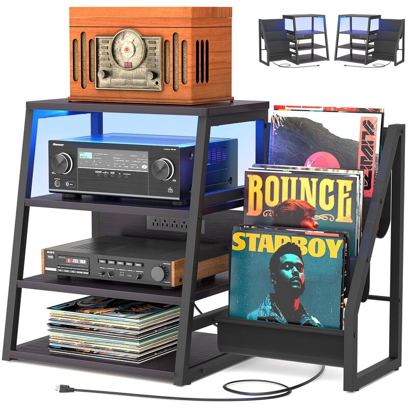4-Tier Record Player Stand with Vinyl Record Storage ＆ LED Light ＆ Charging Station, Record Player Table, Media Console - Black Walnut