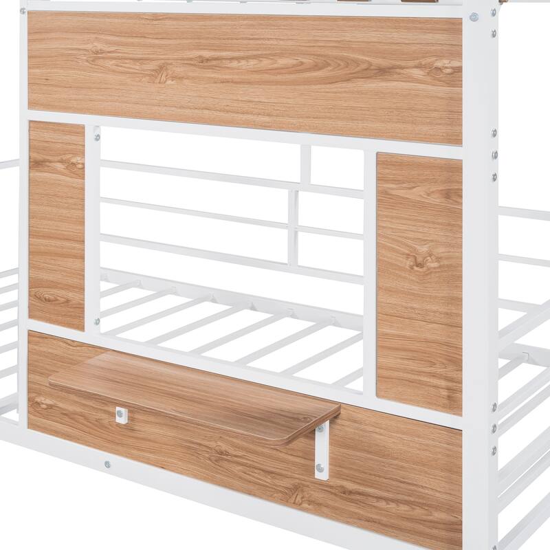 White Metal Twin Loft Bed with Roof, Window & Guardrail - 300LBS Capacity